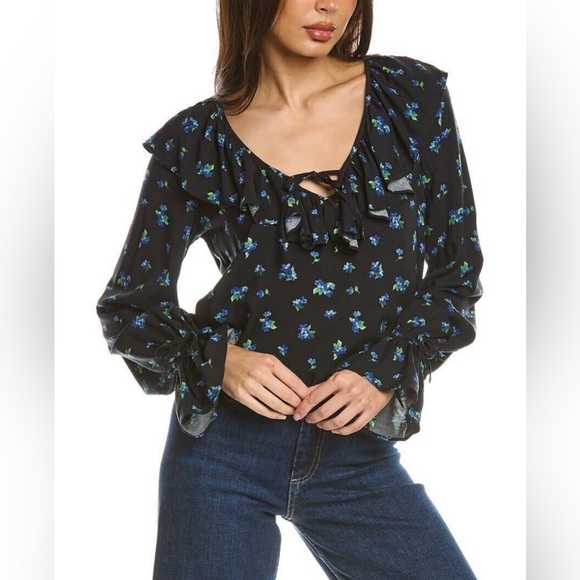 WeWoreWhat Tops - 0307 - WEWOREWHAT Ruffle Blouse Watercolor Ditsy Black Medium $49